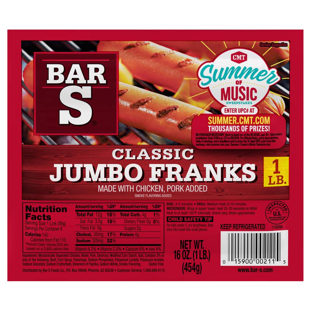 Bar-S Classic Jumbo Franks Hot Dogs (16 oz, 8 ct)