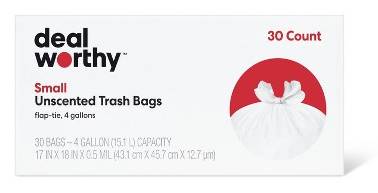 Dealworthy 4 Gallons Capacity Small Flap Tie Unscented Trash Bags, White (30 ct)