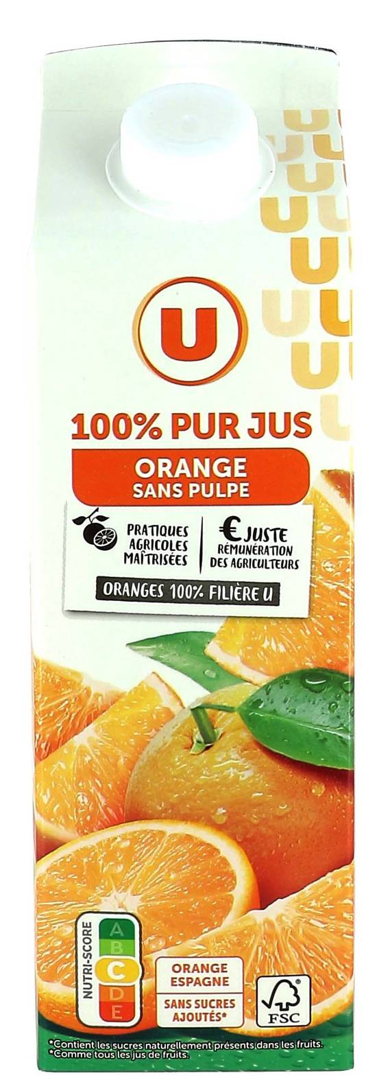 Les Produits U - U pur jus d'orange sans pulpe ( 1 L )
