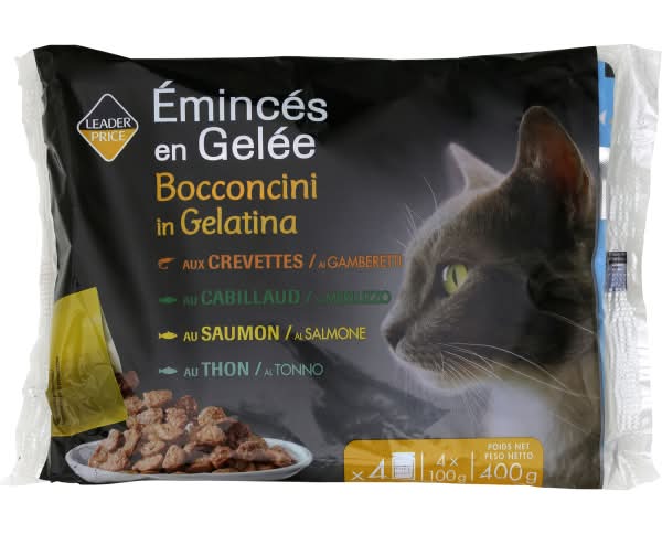 Leader Price - Éminces en gelée pour chats, crevettes - cabillaud - saumon - thon (4)