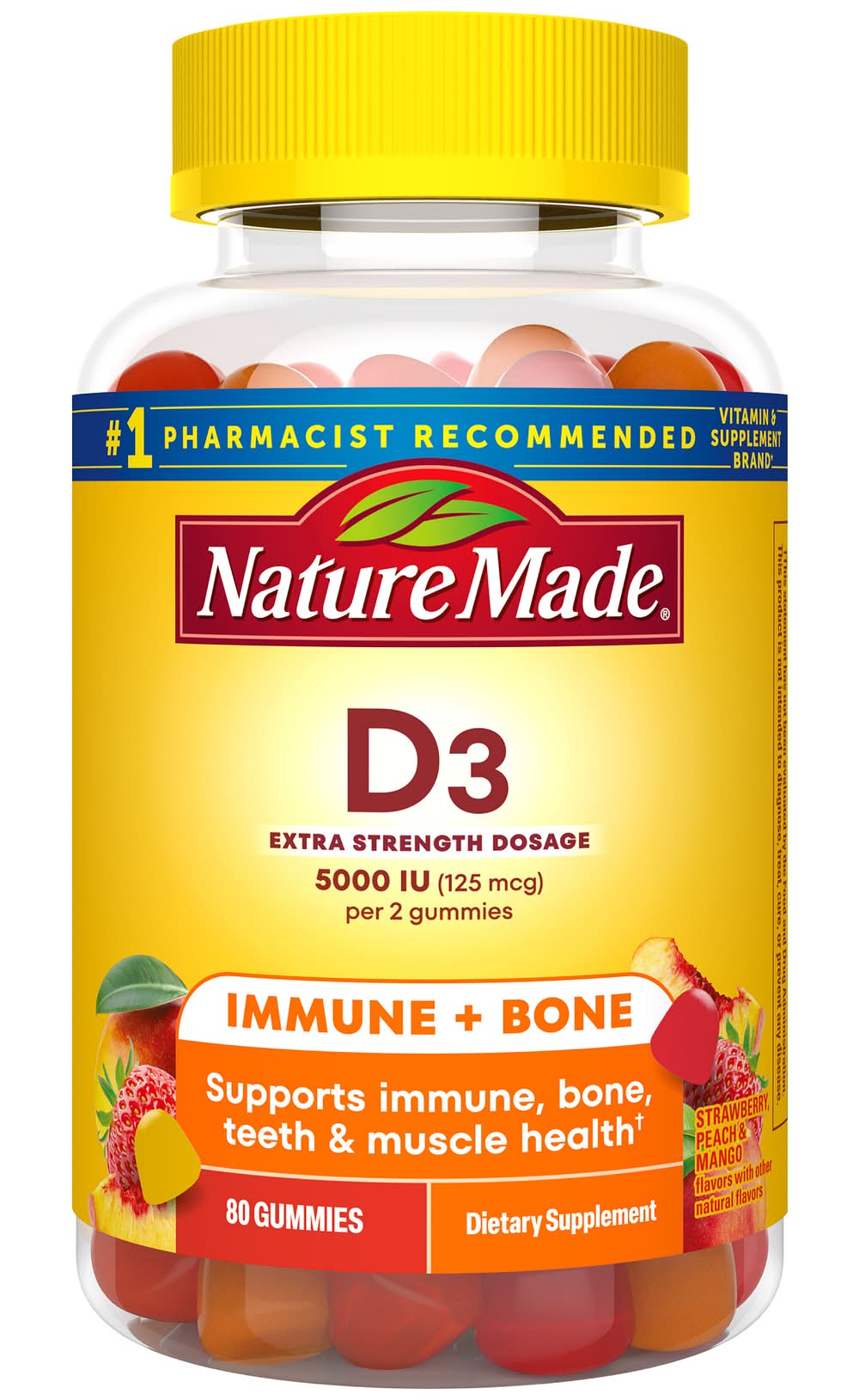 Nature Made Vitamin D3 5000 Iu Extra Strength Dosage Gummies, Strawberry-Peach-Mango (8 oz, 80 ct)