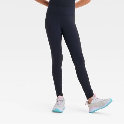 Girls' Everyday Soft Crossover Waistband Leggings - All In Motion™ Black M: High Rise, Moisture Wicking, Knit