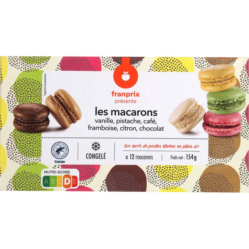 Franprix - Assortiment de macarons, vanille - pistache - café - framboise - citron - chocolat (12)