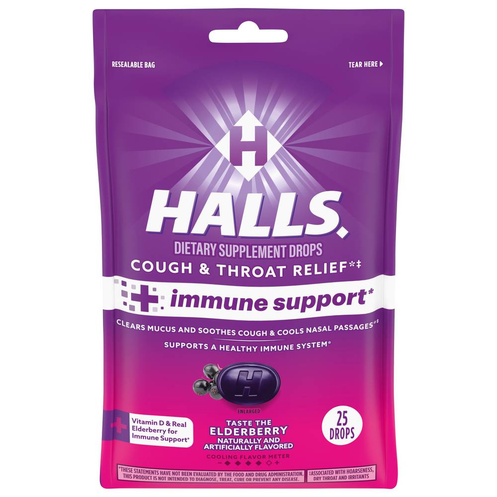 Halls Cough and Throat Relief + Immune Support Drops, Elderberry (25 ct)