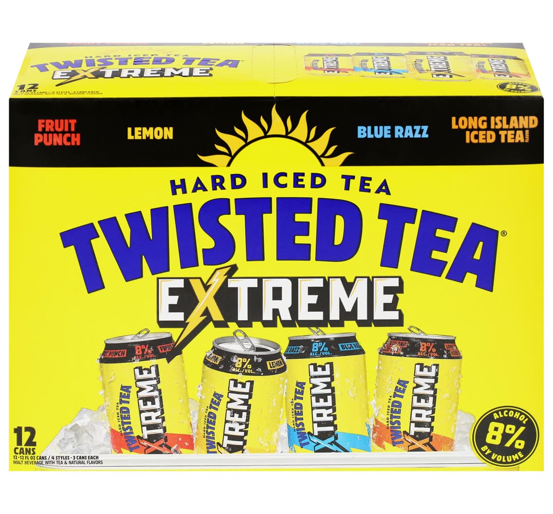 Twisted Tea Extreme Hard Iced Tea, Fruit Punch-Lemon-Blue Razz-Long Island Iced Tea (12 x 12 fl oz)