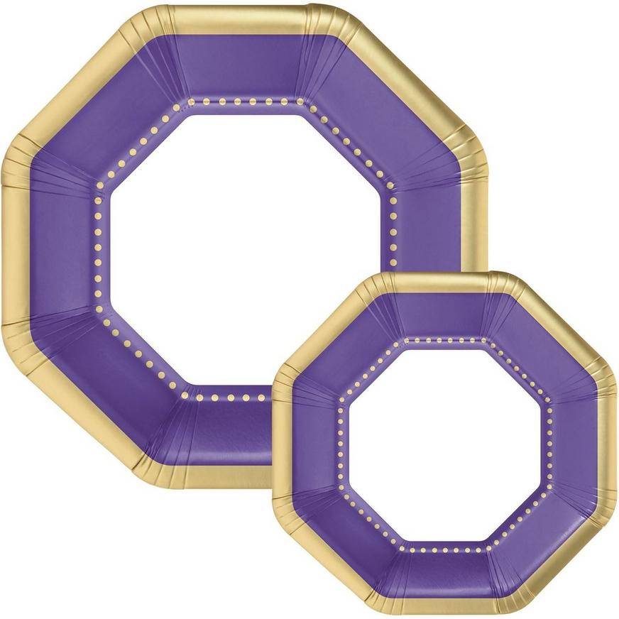 Octoganal Premium Paper Dinner (10.25in) Dessert (7.5in) Plates with Purple Gold Border, 20ct