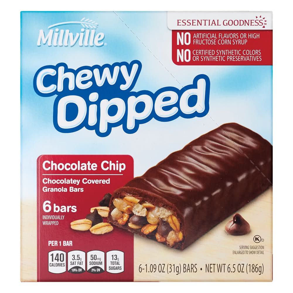 Millville Chewy Dipped Chocolate Covered Granola Bars, Chocolate Chip (6 x 1.09 oz)