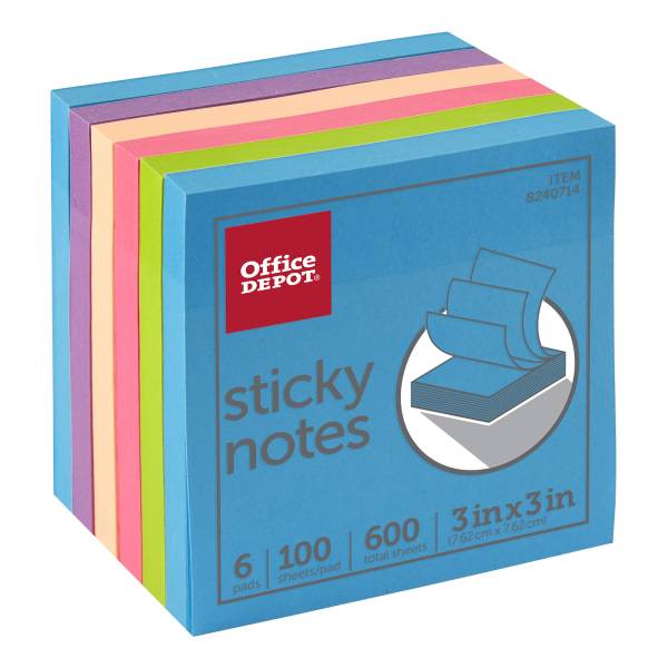 Office Depot® Brand Sticky Notes, 3" x 3", Assorted Neon Colors, 100 Sheets Per Pad, Pack Of 6 Pads, 21332BRIGHT6PKST