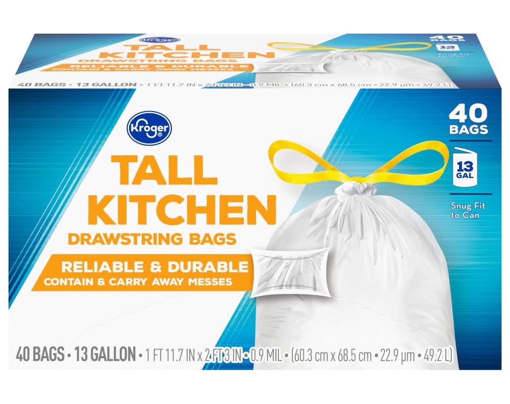 Kroger Tall Kitchen Drawstring Trash Bags 13 Gal, 60.3x68.5 cm (40 ct)