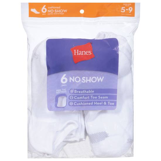 Hanes No Show Cushioned Socks Size 5-9 (6 ct)