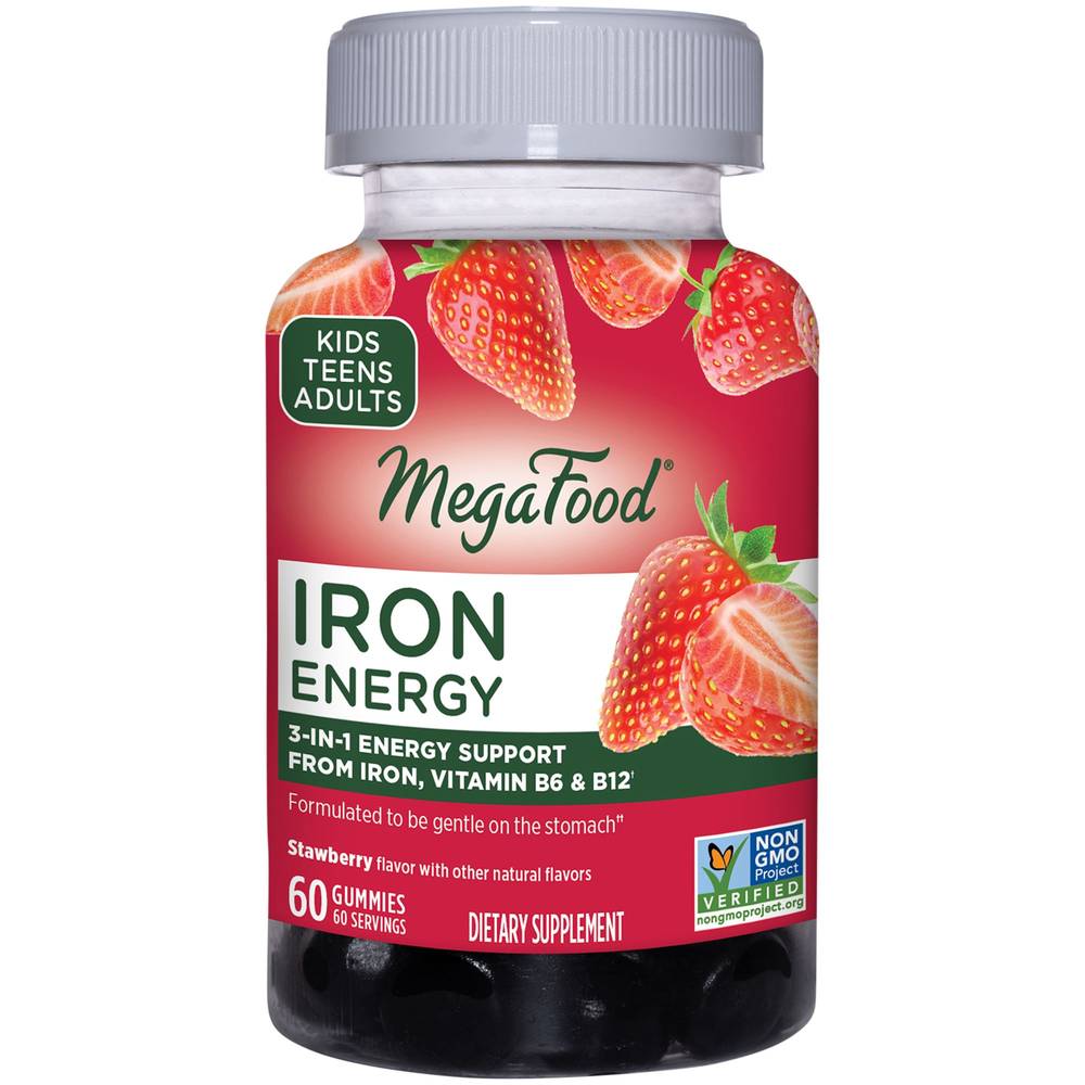 Iron Energy Gummies - 3-In-1 Energy Support With Iron, Vitamin B6 & B12 - Strawberry (60 Gummies)