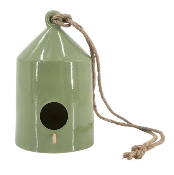 Green Ceramic Bird House, 9"