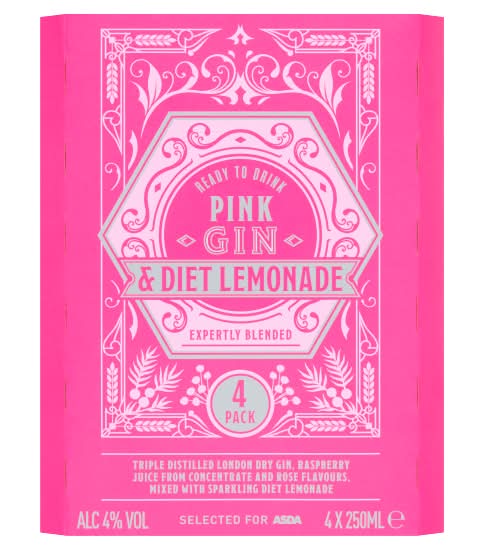 ASDA Pink Gin and Diet Lemonade Ready To Drink (4 x 250ml)