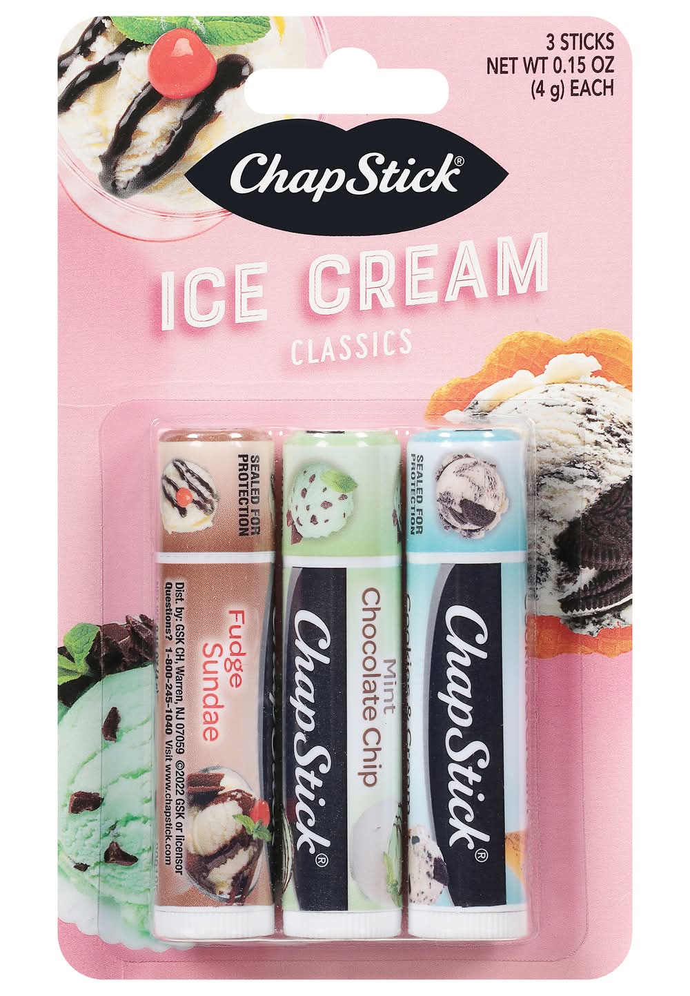 ChapStick Ice Cream Classics, Fudge-Mint Chocolate-Cookies & Cream (0.15 oz, 3 ct)