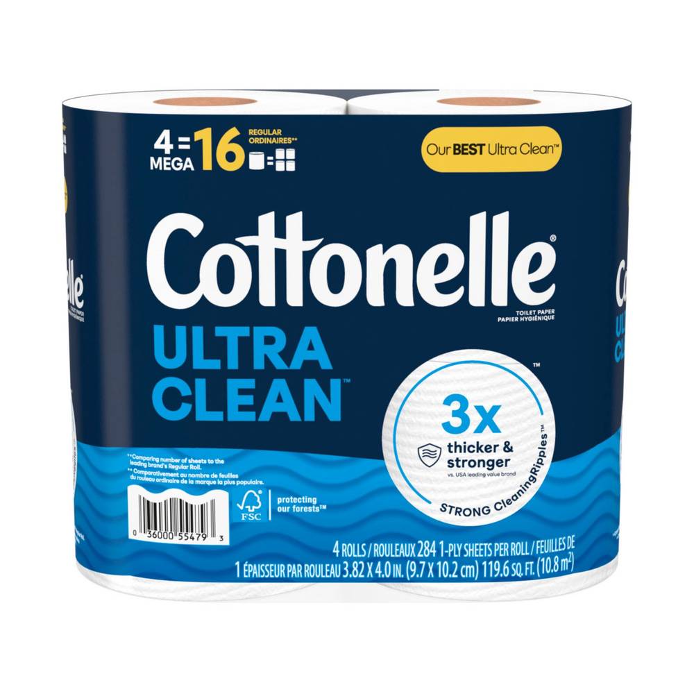 Cottonelle Ultra Clean Toilet Paper, Strong Toilet Tissue, 4 Mega Rolls (4 Mega Rolls = 16 Regular Rolls), 312 Sheets Per Roll