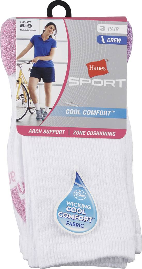 Hanes Sport Women'sCool Comfort Crew Socks, Size 5-9, 3 Pairs