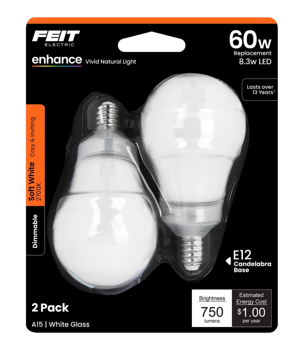 Feit Enhance A15 E12 (Candelabra) Led Bulb Soft White 60 Watt Equivalence 2 Pk