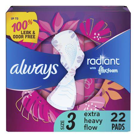 Serviettes Always Radiant, flux abondant, avec ailes, pour femmes, taille3, parfum net et léger, 22serviettes