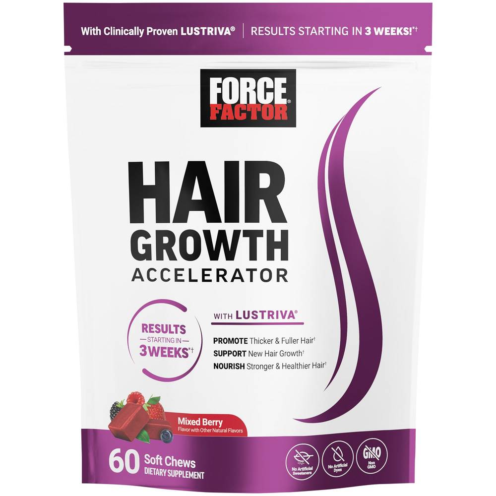 Force Factor Hair Growth Accelerator Soft Chews With Lustriva, Mixed Berry (60 ct)