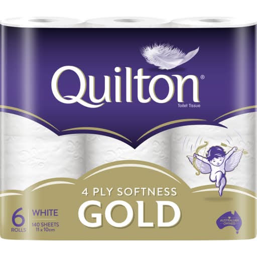 Quilton Gold 4 Ply Softness Toilet Tissue Rolls, 11x10 cm, White (6 pack)