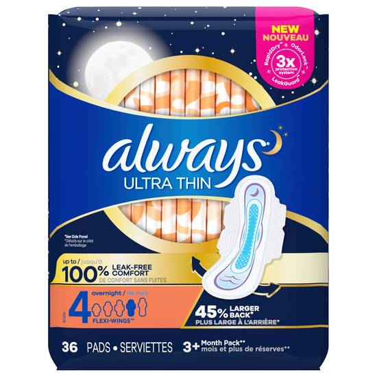 Always Ultra Thin Overnight Flexi-Wings Pads Size 4 (36 ct)