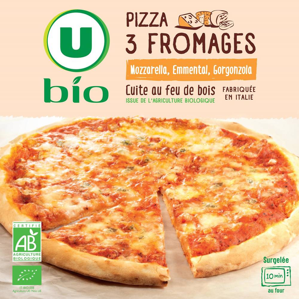 Les Produits U - Pizza 3 fromages cite au feu de bois surgelée bio (360g)