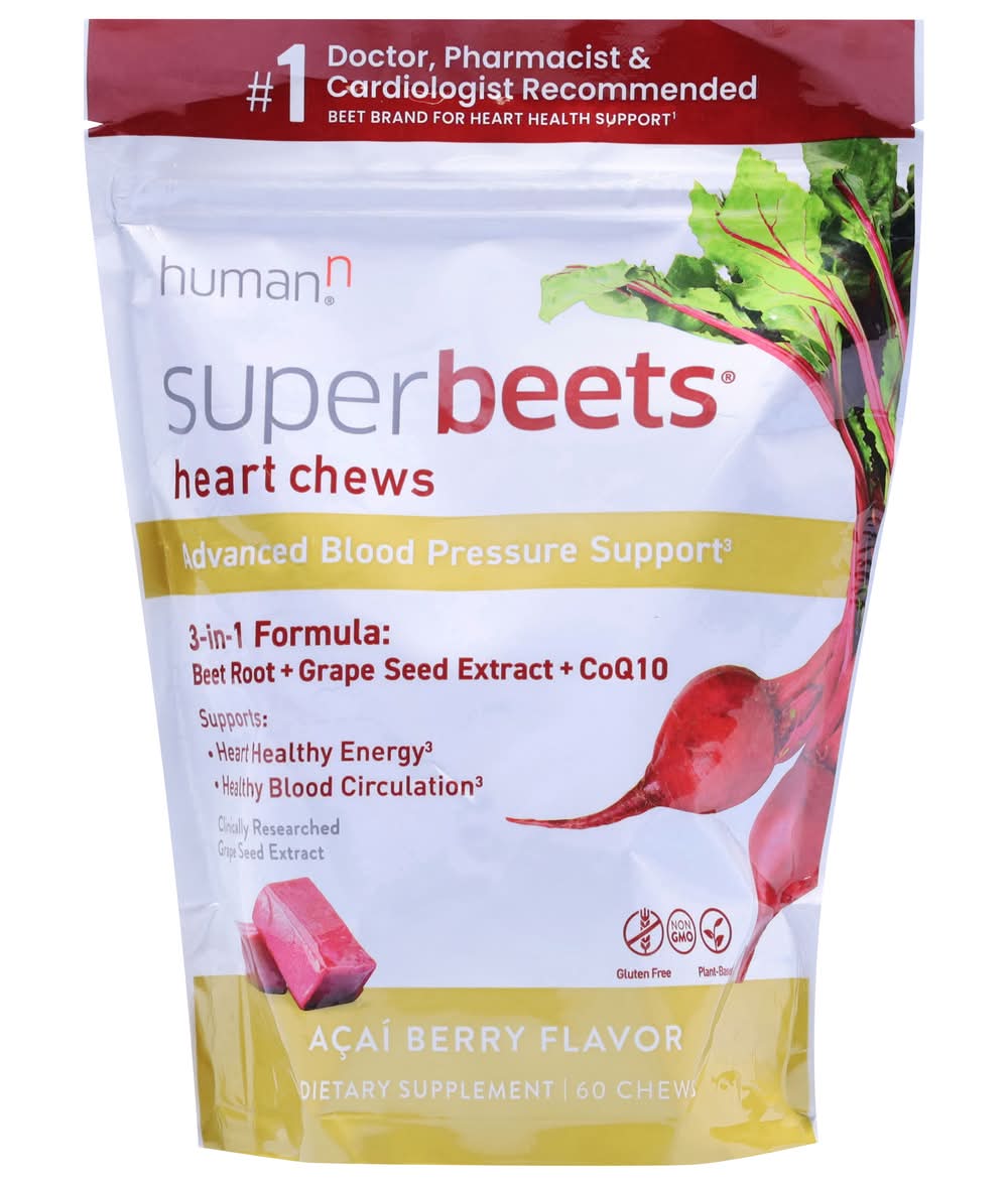 HumanN Superbeets Heart Chews Blood Pressure Support Dietary Supplement, Acai Beery (60 ct)