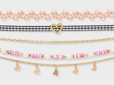 Girls' 5pk Gingham and Cherries Necklace - art class™: Beaded, Chain, Choker Styles, Lobster Clasp