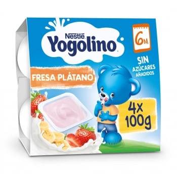 Postre lácteo fresa y plátano desde 6 meses Nestlé Yogolino sin gluten y sin azúcar añadido pack de 4 unidades de 100 g.