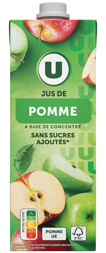 Les Produits U - Jus à base de concentré sans sucres ajoutés, pomme (1L)