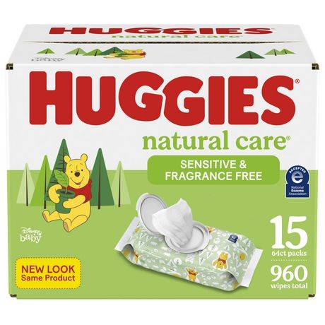 Lingettes pour bébés Huggies Natural Care pour peau sensible, NON PARFUMÉES, 15 emballages à couvercle rabattable
