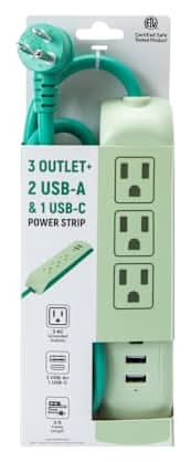 Power Strip W/ 3 outlet & 2 USB-A & 1 USB-C Port Green