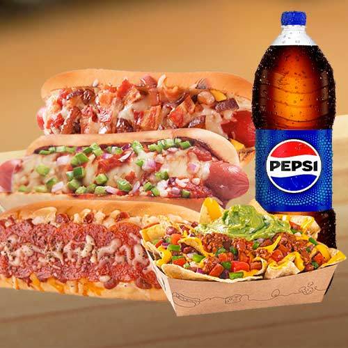 Combo Familiar Premium 3 Hot Dog Premium + 1 Nachos Monster + Pepsi 2lt