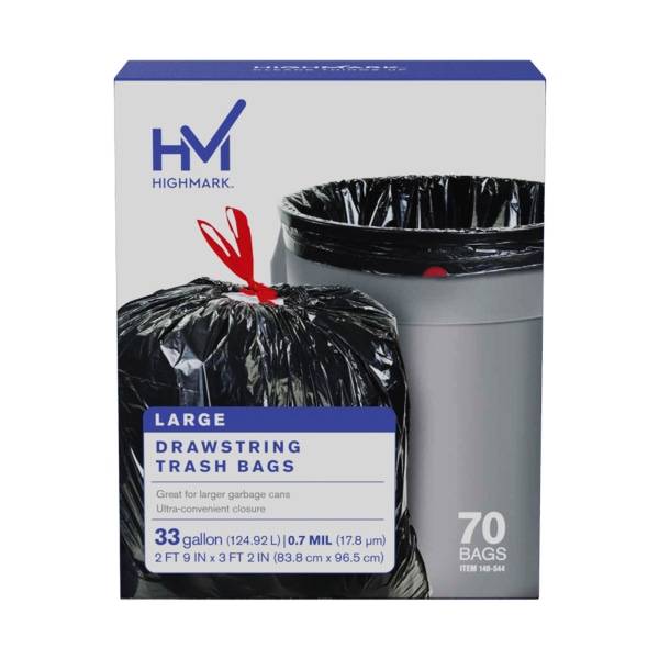 Highmark Large Drawstring Trash Bags, 33 Gallon, Black (70 ct)