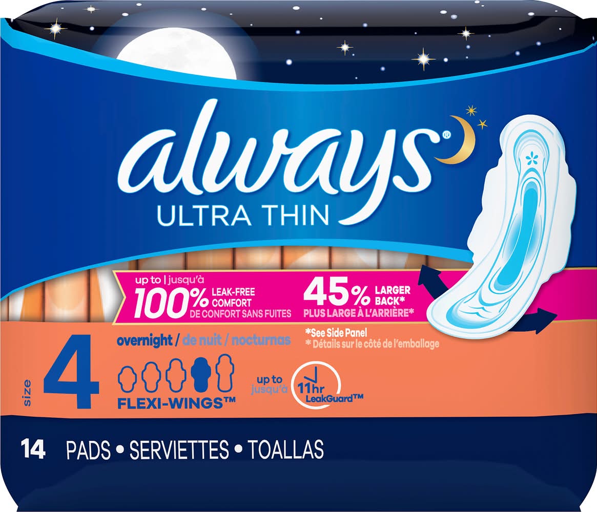 Always Overnight Flexi Wings Ultra Thin Pads, 4 (14 ct)