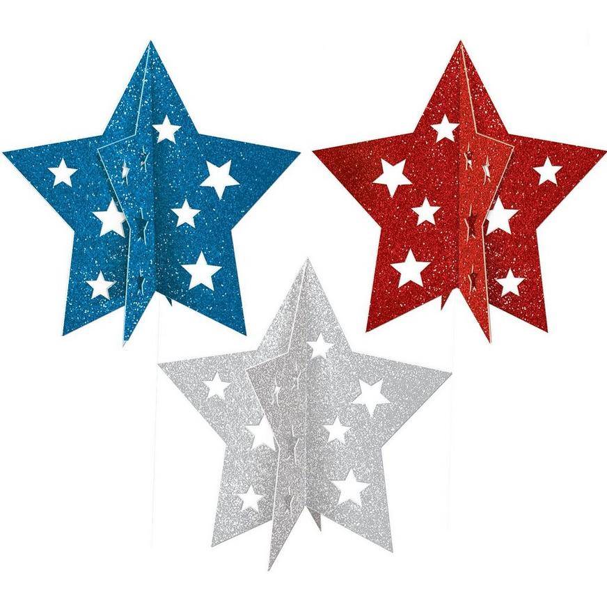 3D Glitter Patriotic Star Centerpieces 3ct