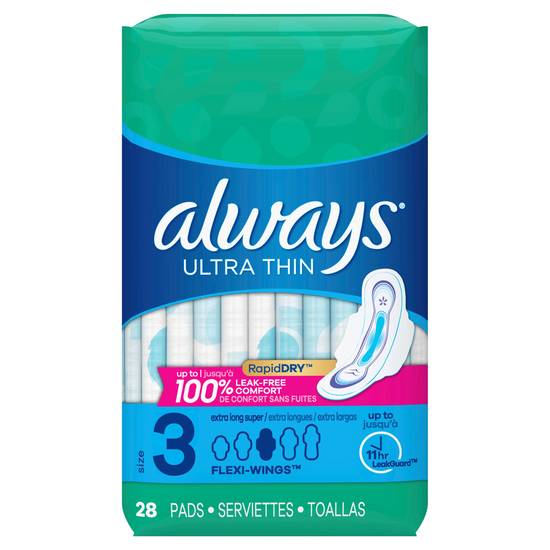 Always Ultra Thin Pads Size 3 Extra Super Long Absorbency Unscented with Wings, 28 Count