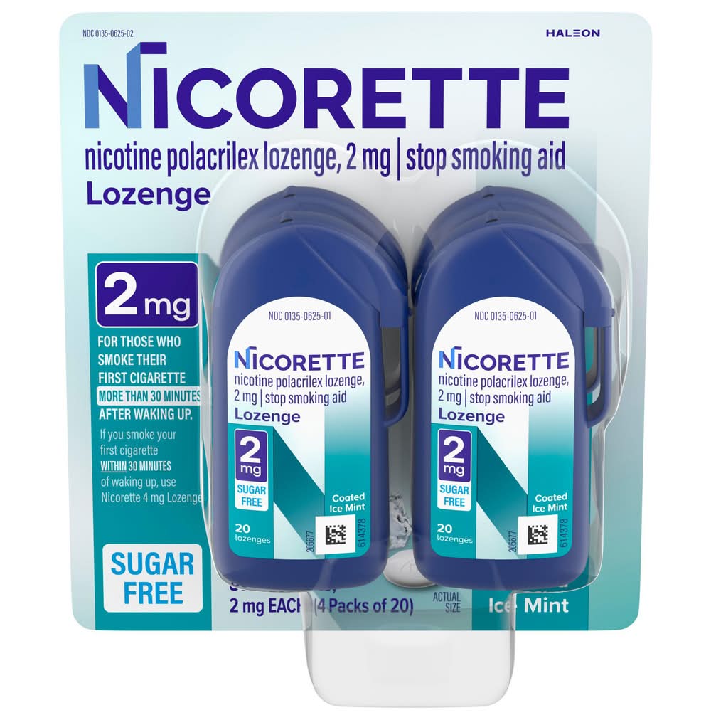 Nicorette Nicotine Polacrilex Lozenge 2 mg, Coated Ice Mint (4 x 20 ct)