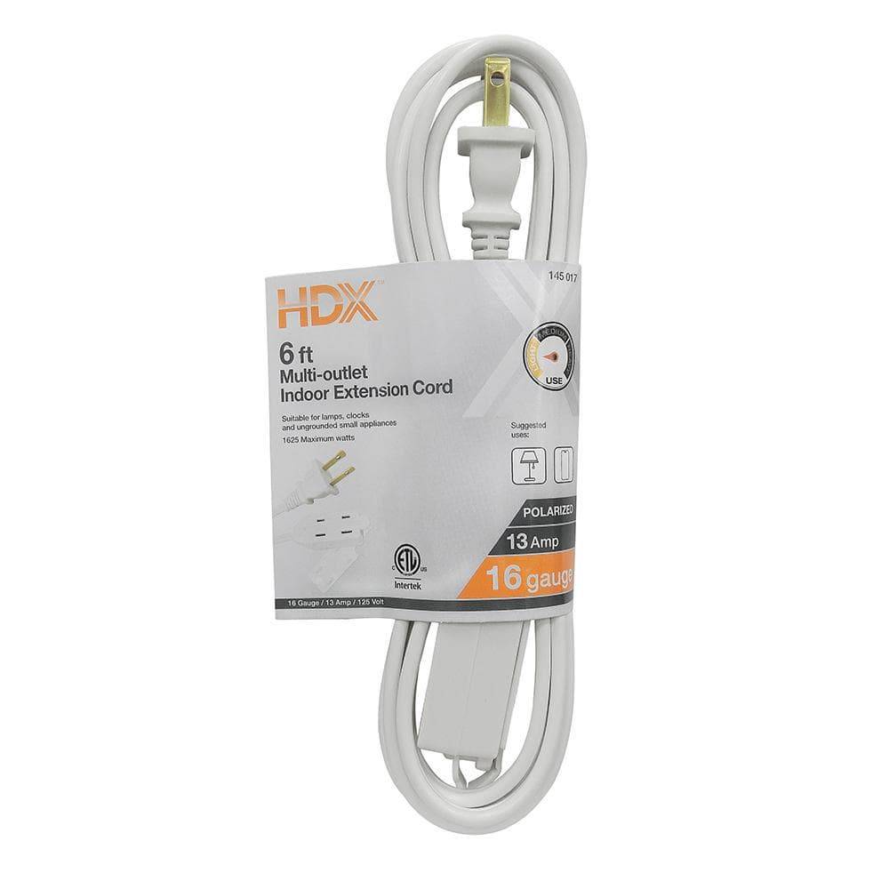 HDX 6 Ft Light Duty Indoor Multi Outlet Extension Cord, White