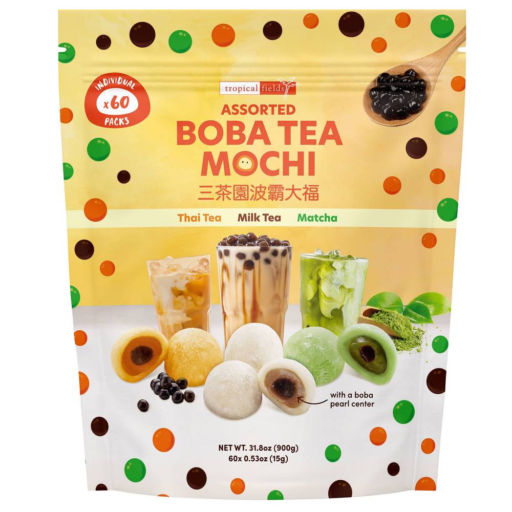 Tropical Fields Boba Tea Mochi Assorted (60 ct, 0.53 oz) (thai tea - milk tea - matcha)