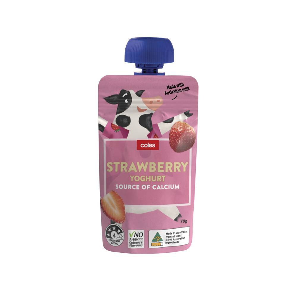 New Coles Calcium Source Healthy Real Fruit Strawberry Yoghurt Drink Pouch 70g
