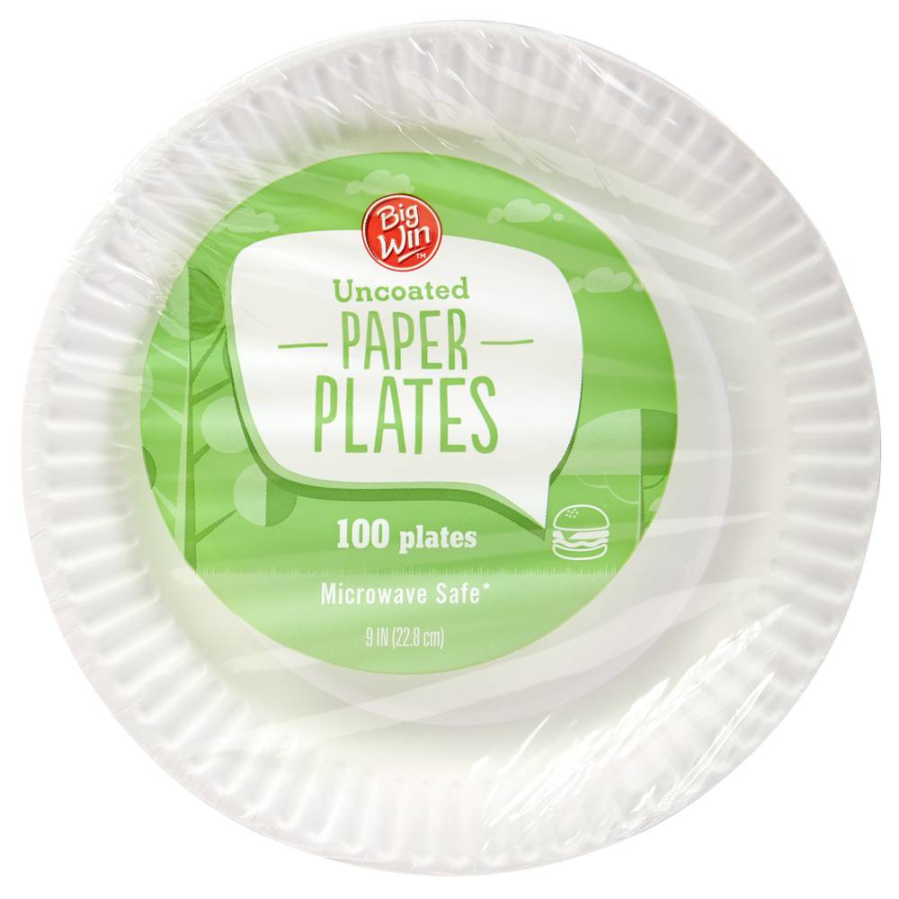 Big Win Uncoated Paper Plates, 9 In (100 ct)