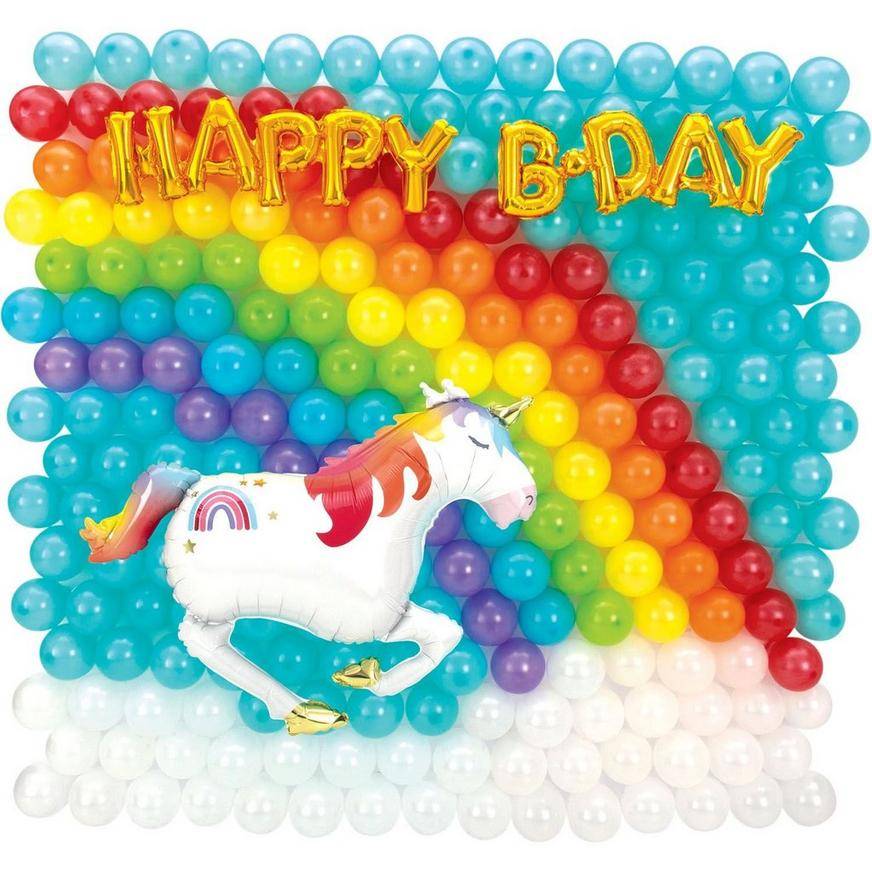 Uninflated Air-Filled Rainbow Unicorn Happy B-Day Foil Latex Balloon Backdrop Kit, 6.25ft x 5.9ft