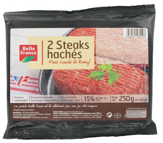 Steak hache pur boeuf 15% mg x 2 bf sachet 250 g