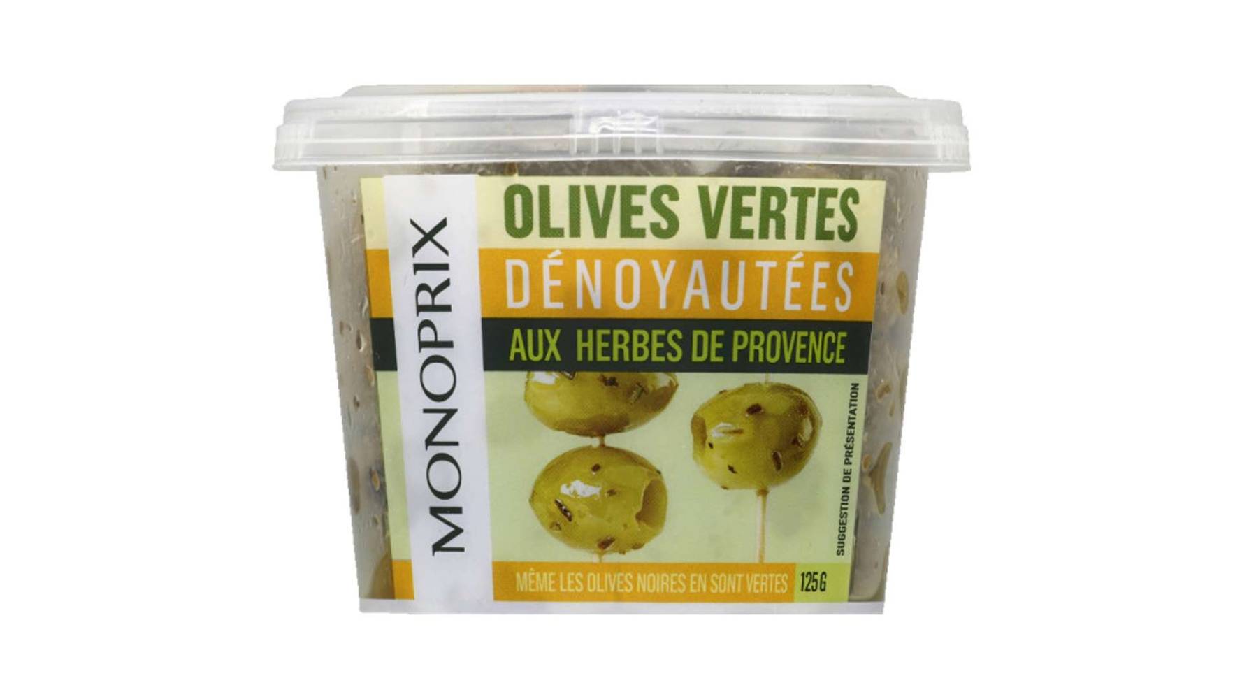 Monoprix Olives vertes dénoyautées aux herbes de Provence Le pot de 125 g
