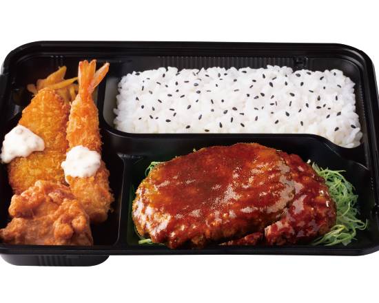 W盛りDx直火焼デミハンバーグ弁当 Double size deluxe flame-grilled demi-glace salisbury steak lunch box (with tartar sauce)