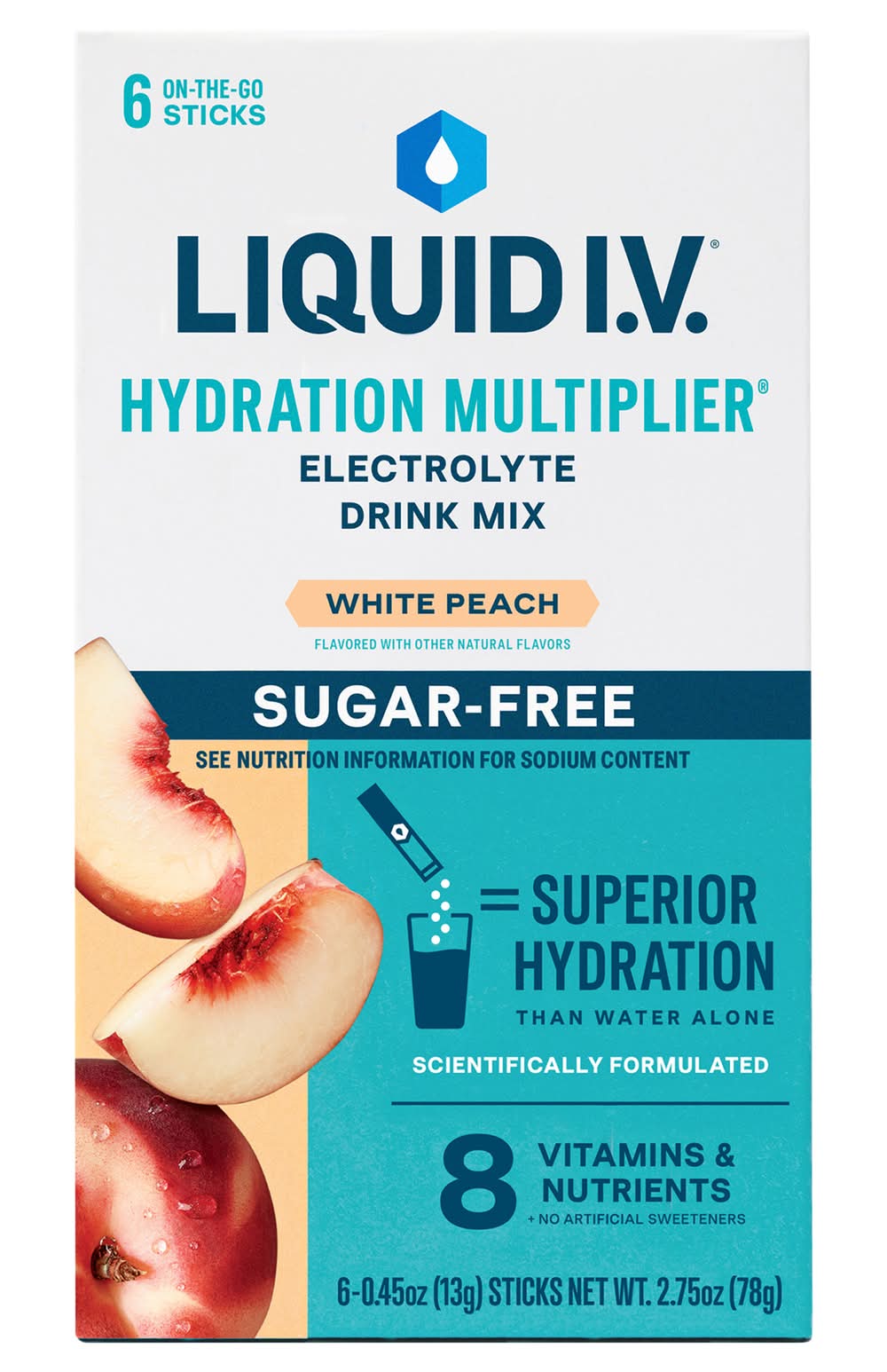 Liquid I.V. Hydration Multiplier Sugar Free Electrolyte Drink Mix Powder, White Peach (2.75 oz, 6 ct)