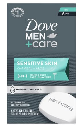 Dove Hand & Body Face + Shave Bar Soaps For Sensitive Skin, Oatmeal-Aloe, Men (6 x 3.75 oz)