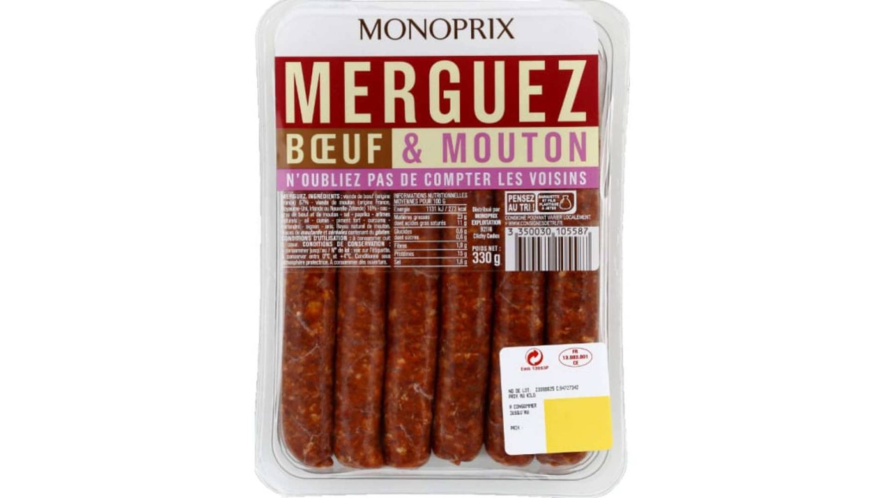 Monoprix Merguez de boeuf et mouton La barquette de 6, 330 g