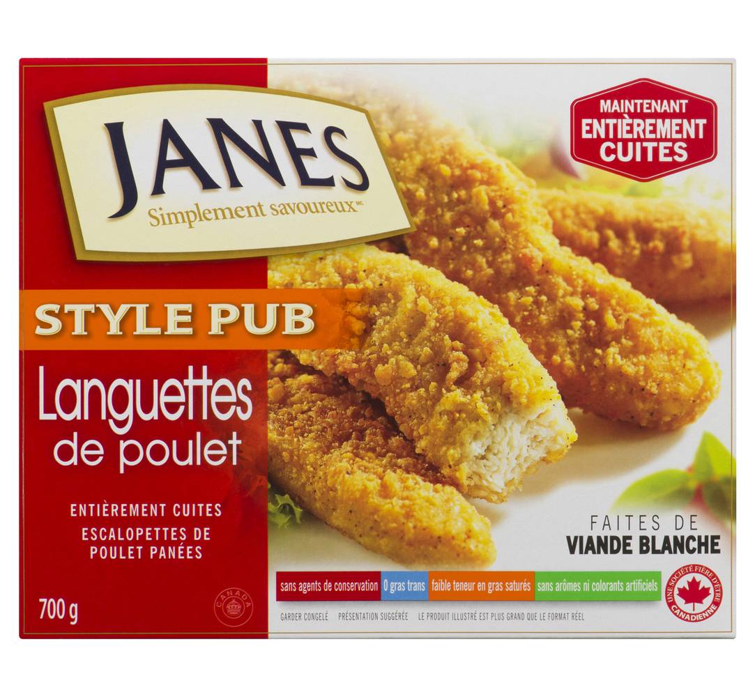 Janes lanières de poulet panées entièrement cuites - fully cooked breaded chicken strips (style pub)